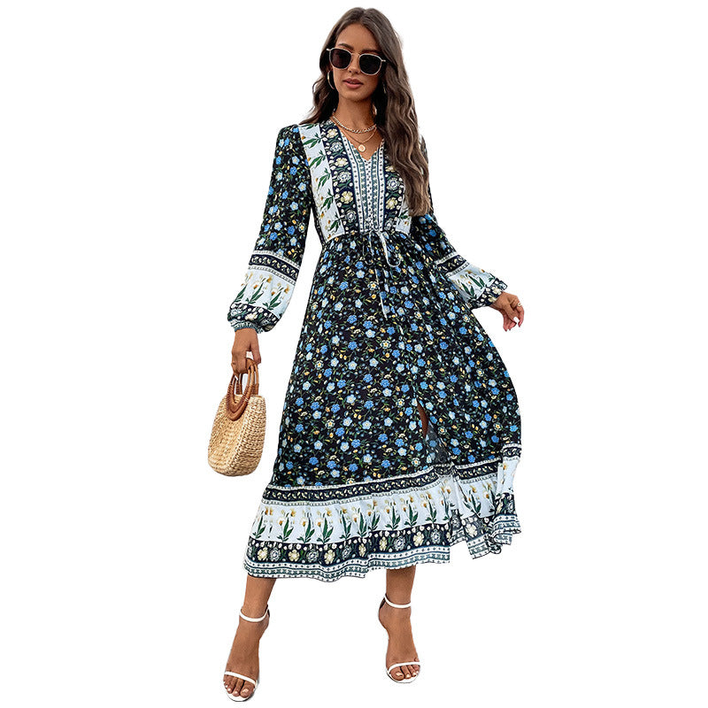 Women's V-neck Puff Sleeve Bohemian Printed Long Sleeve Split Dress