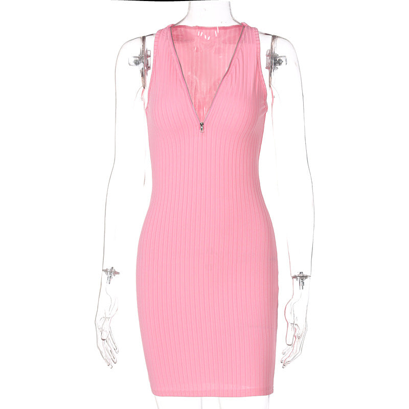 Women's new spring fashion street shooting sexy V-neck zipper sleeveless dress women