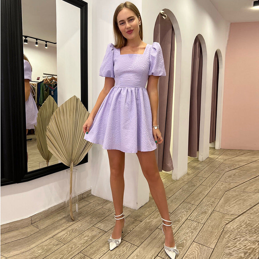 European and American Fashion Dress Puff Sleeve Short Skirt Design Sense French Style Temperament Jacquard Dress for Women