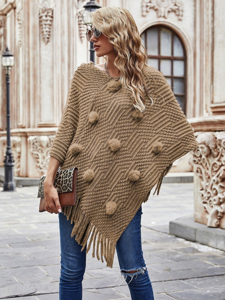 Autumn and Winter New Mid-Length Hairy Ball Tassel Shawl Sweater