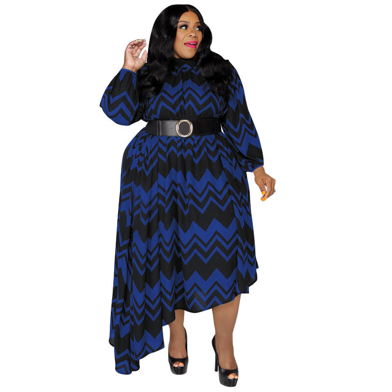 Autumn and Winter Striped Sleeve with Belt Stylish Loose plus Size Women's Dress