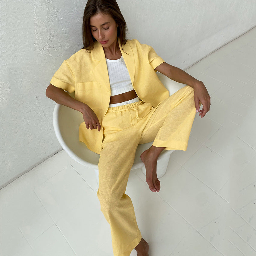 European and American Fashion Two-Piece Suit Casual Women's Clothing Irregular Collar Short Sleeve Shirt Wide Leg Pants Suit