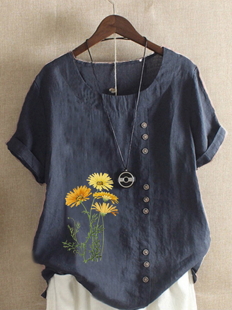 Cotton and Linen New Hot Flower Series Printed Loose round Neck T-shirt for Women