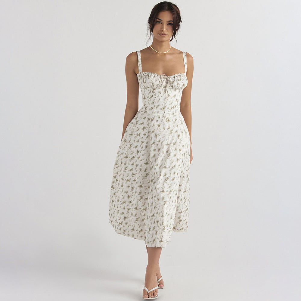 Slim Fit Slit Floral Skirt Hollow Backless Suspender Dress