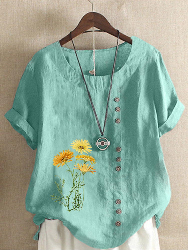 Cotton and Linen New Hot Flower Series Printed Loose round Neck T-shirt for Women