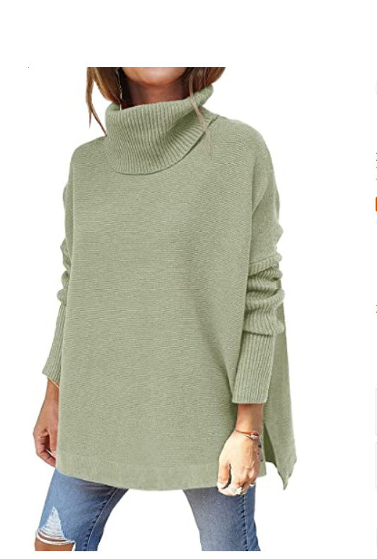 Women's Turtleneck Oversized Sweater Mid-Length Batwing Sleeve Hem Waist Pullover Sweaters Top