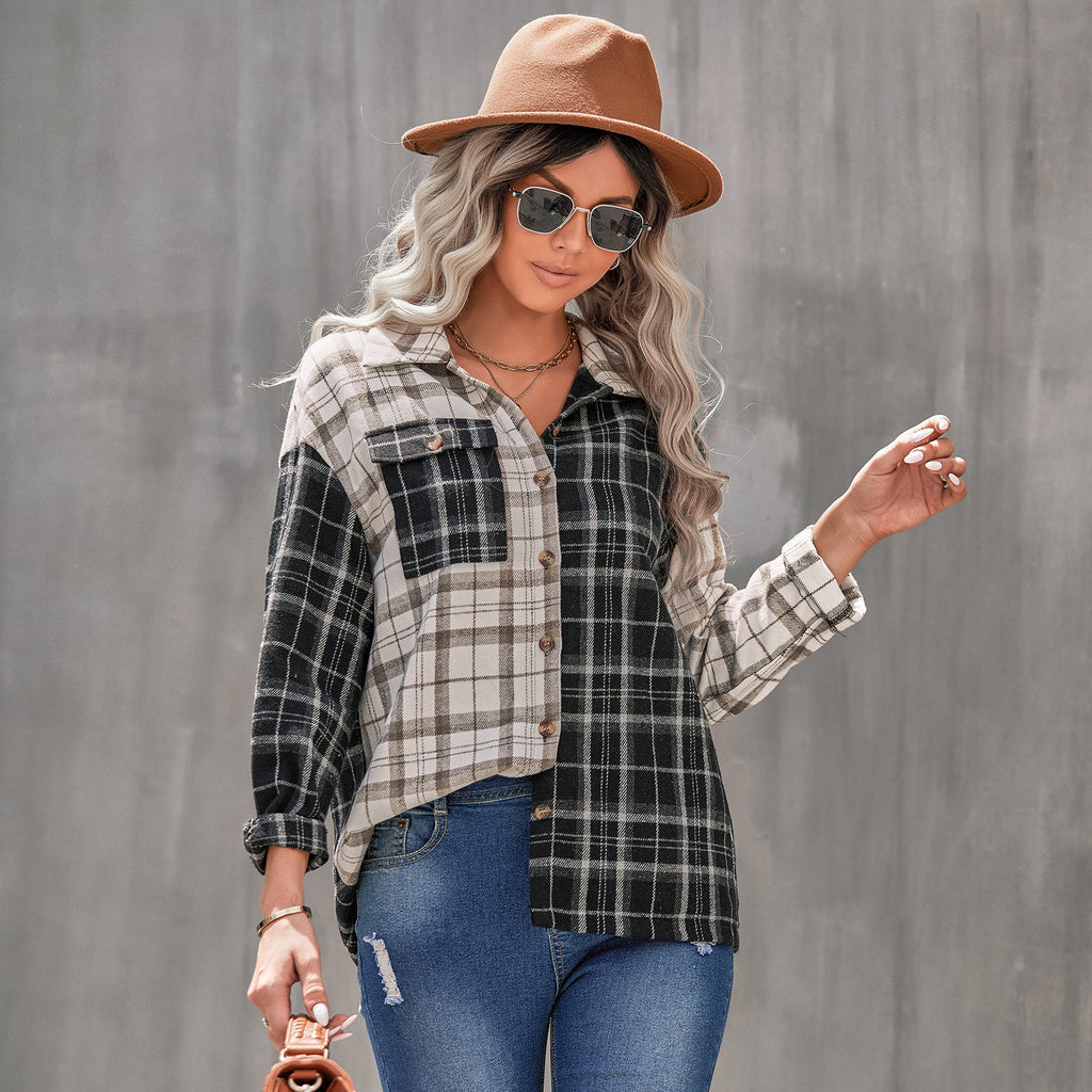 2022 Early Autumn New Polo Collar Plaid Top Women's Long Sleeve Cardigan Loose Shirt