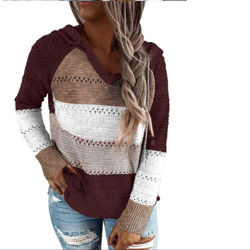 Contrast Color Sweater Women's V-neck Hooded Knitted Sweater for Women