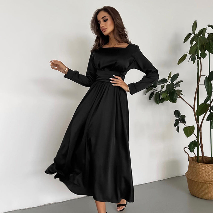 Hepburn Style Little Black Dress Temperament Square Collar Dress Women's Satin Fitted Waist Bowknot Lace-up Dress
