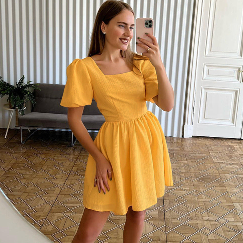 Design Short Sleeve Dress European and American Short Skirt Puff Sleeve Waist-Tight Temperament Commute A- line Dress Women's Clothing