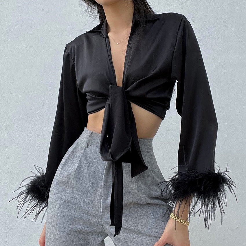 Feather Shirt Satin Commuter Ice Silk Navel Bow Shirt Shorts