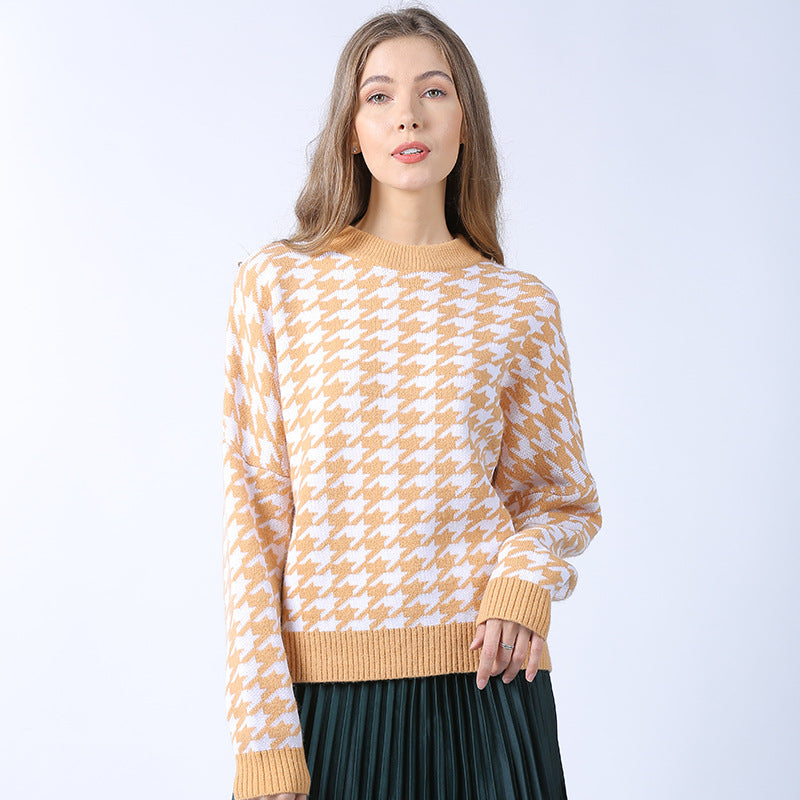 Autumn and Winter New Women's Houndstooth Knit Casual Pullover European and American Large Size Sweater