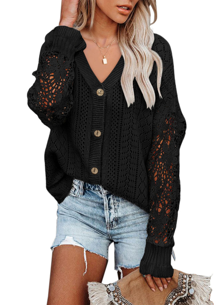 Casual Pure Color All-Matching Cardigan Sweater European and American Hollow Lace Long Sleeve V-neck Sweater Top Women