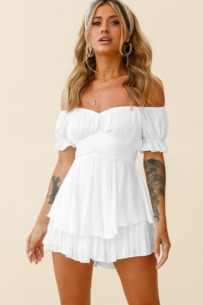 Jumpsuit Solid Color Fashion Sexy off-Neck Lantern Ruffle Sleeve Casual Summer Women's Clothing Short Pants