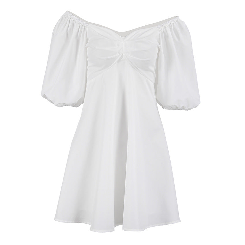 European and American Solid Color Girl's Dress Two-Way Wear Cold-Shoulder Elegant High Waist Puff Sleeve Slim White Dress Dress