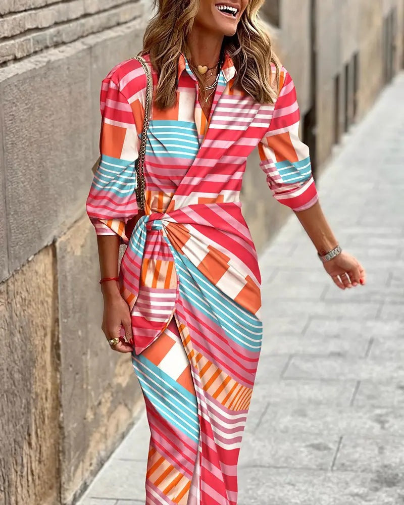 Fashionable Print Shirt Collar Lacing Mid-Length Striped Dress