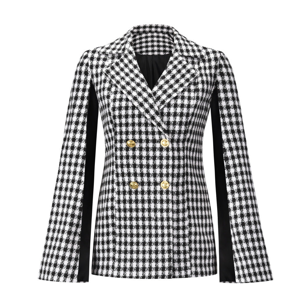 European and American Suit Jacket Houndstooth Design Double Breasted Shawl Small Coat Hepburn Graceful Coat