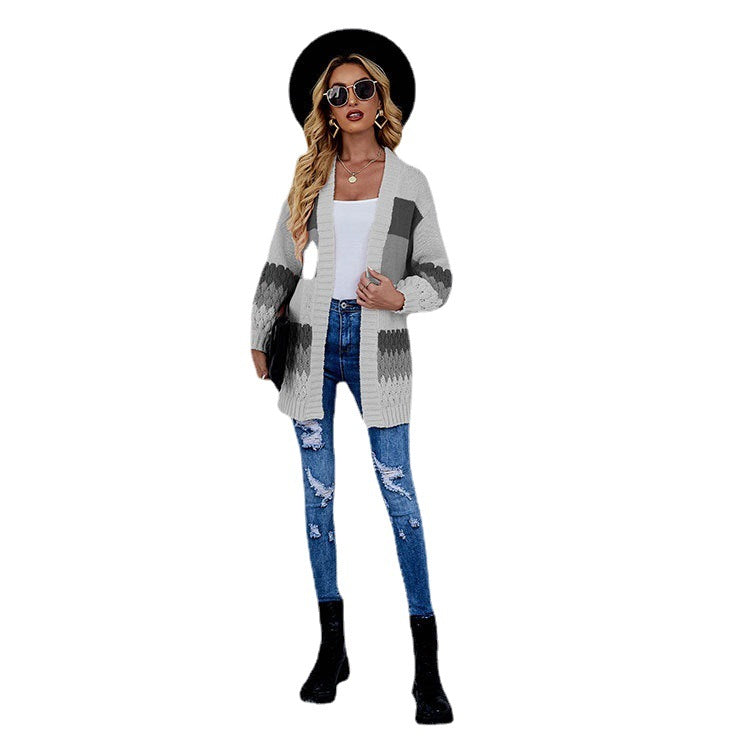 Fashion Women's Wear Sweater Cross-Border Color Contrast Patchwork Mid-Length Loose Knitted Cardigan Coat