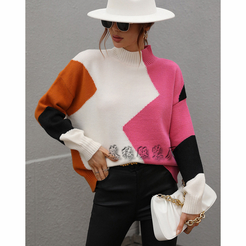 Autumn and Winter European and American Loose New Color-Block Crew Neck Knitwear Women's Pullover Foreign Trade Sweater Women