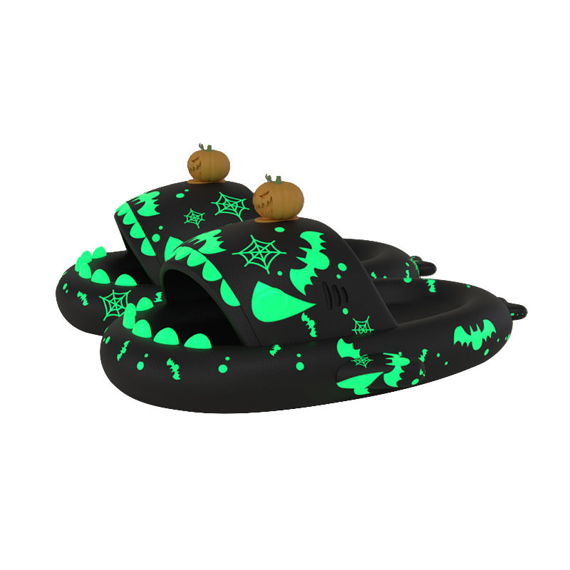 Dark Night Halloween Pumpkin Shark Slippers Men's Outdoor Wear Thick Bottom Trendy Couple Home Luminous Slippers