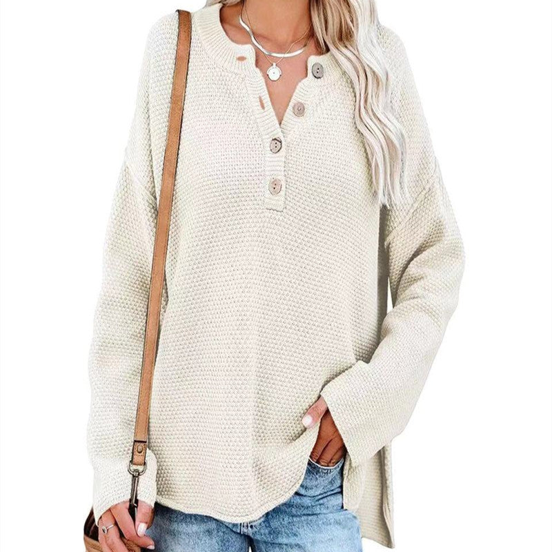 Autumn and Winter Solid Color European and American Sweater Women's Half Cardigan Button Sweater Pullover Women's Top