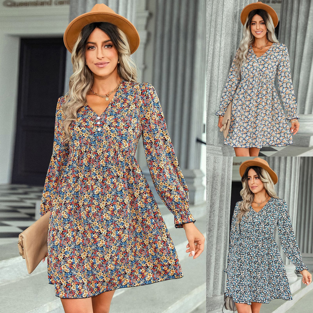 2022 autumn and winter new floral skirt cross-border European and American foreign trade women's fashion printing V-neck dress