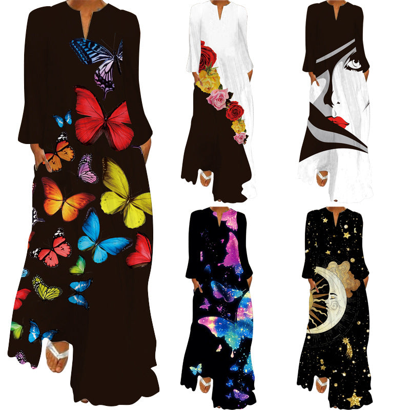 Women's Vintage Butterfly Print Long Dress V-neck Long Sleeve Pocket Summer Dress