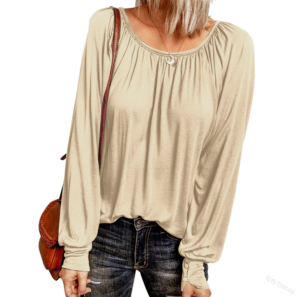 Bestseller Solid Color Crew Neck Casual Pleated Long-Sleeved Top