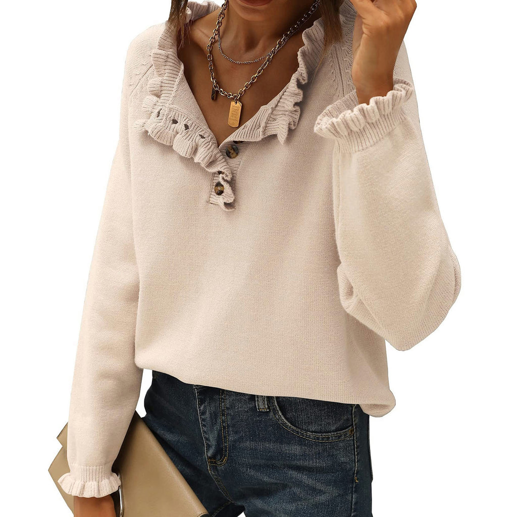 Women's Knitted New Casual Long-Sleeved Button Ruffled Pullover Sweater for Women