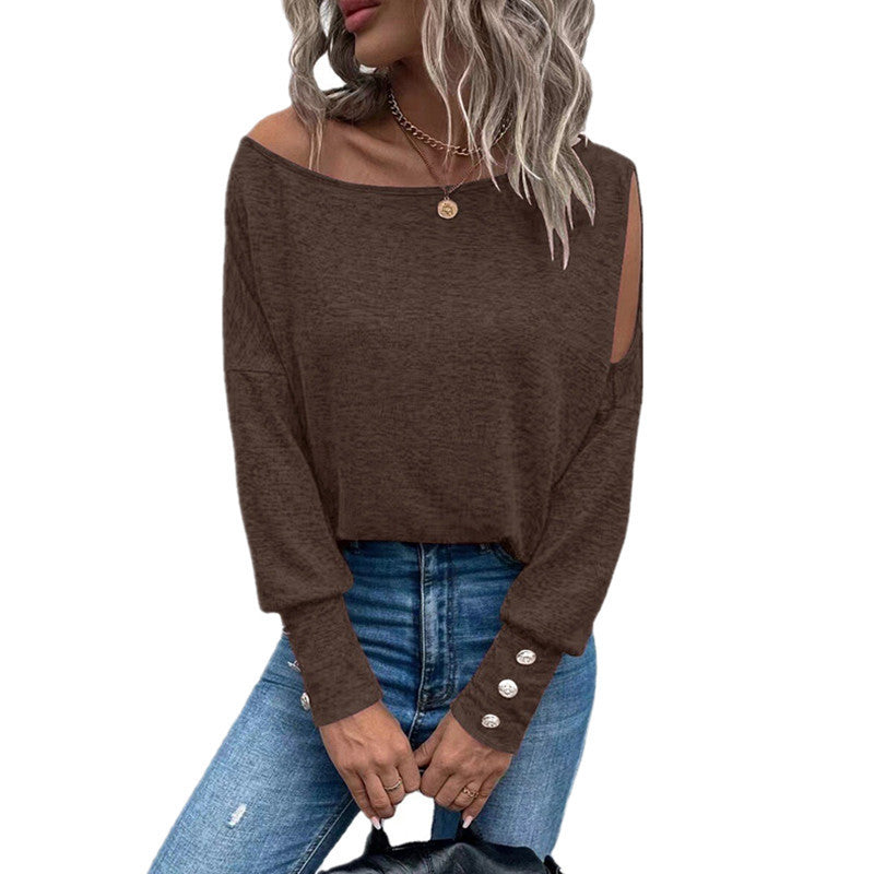 Solid Color Fashion off-the-Shoulder Cuff and Button T-shirt