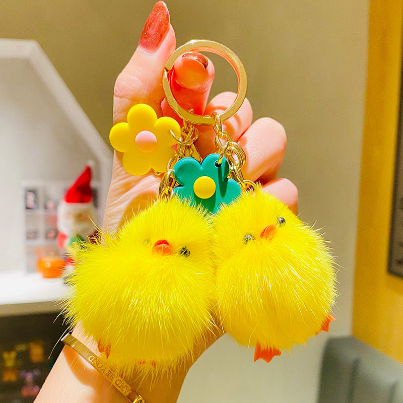 Cartoon Cute Plush Mink Fur Chicken Creative Car Keychain Schoolbag Pendant a Pair of Internet Celebrity Small Gifts