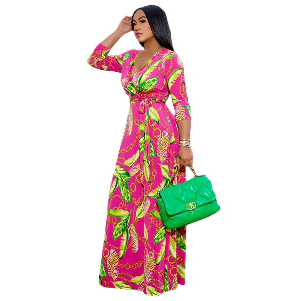 YM-8616 women fahshion 3/4 sleeve v neck foral printed maxi dress