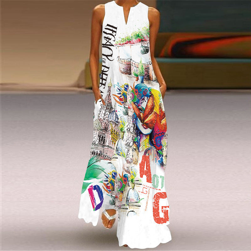 Women's Vintage Printed Long Dress V-neck Sleeveless Pocket Summer Sexy Dress