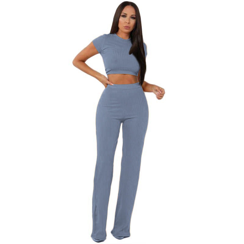 2022 new fashion casual suit female European and American high-elastic cotton pit strip wide-leg pants two-piece set