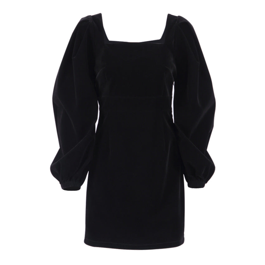 Pleuche Dress Autumn and Winter European and American Style Sexy Women's Wear Xiao Black Dress Slimming A- line Skirt Short Skirt