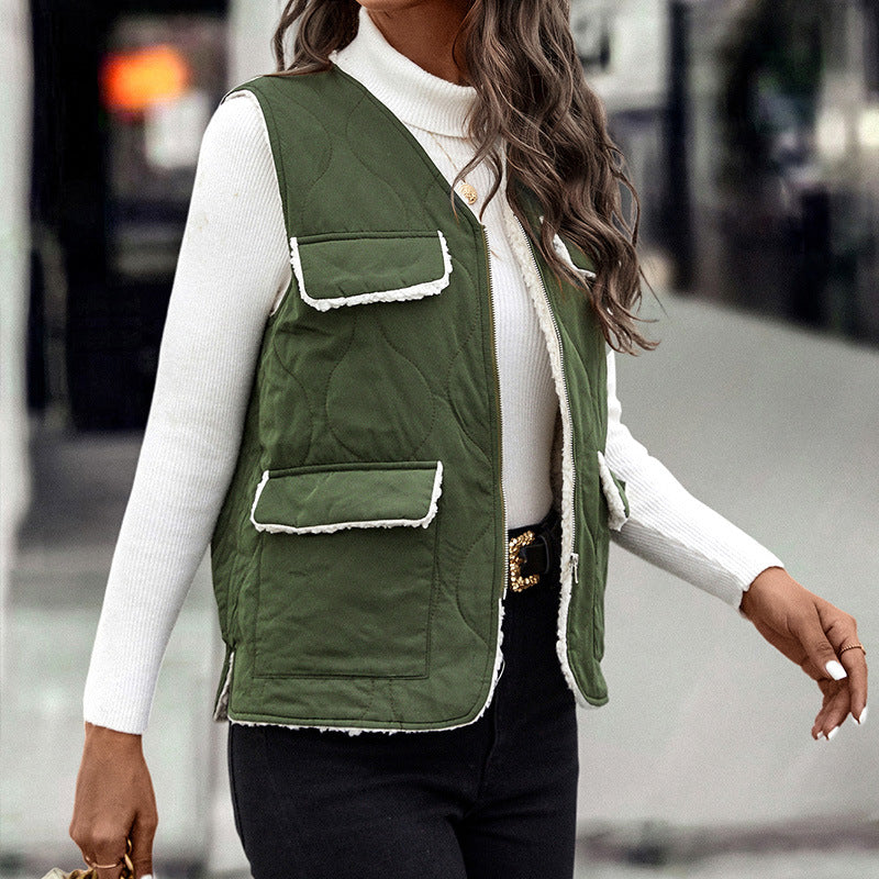 Zipper V-neck Army Green Vest Cotton-Padded Waistcoat Coat European and American Women's Clothing