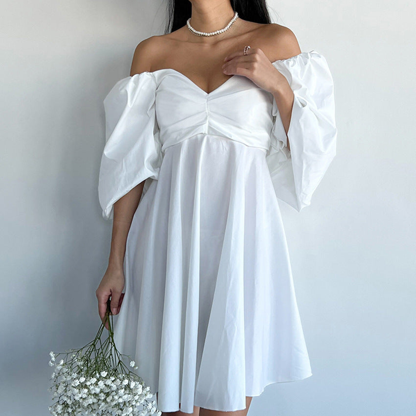 European and American Solid Color Girl's Dress Two-Way Wear Cold-Shoulder Elegant High Waist Puff Sleeve Slim White Dress Dress