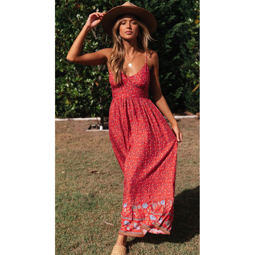 2022 summer new large swing skirt European and American women's dress Bohemian V-neck suspender floral dress