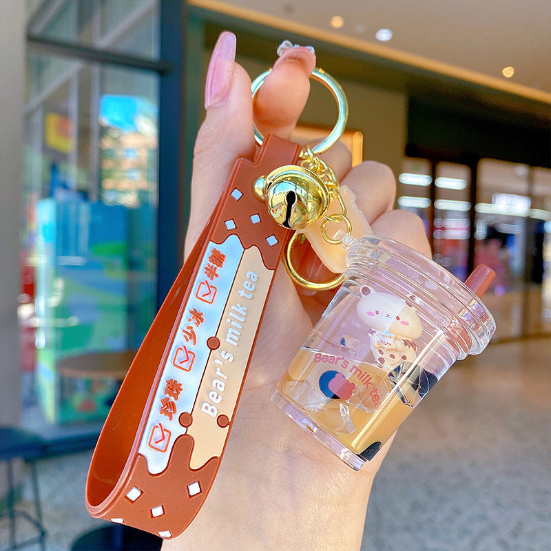 Creative Cartoon Oil-Filled Bubble Tea Keychain Cute Exquisite Car Key Chain Couple Bags Pendant Gift