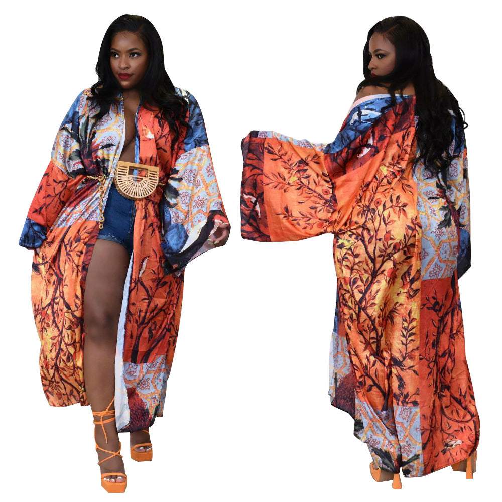 Coat Artificial Silk Multi-Print Fashion Casual Trench Coat