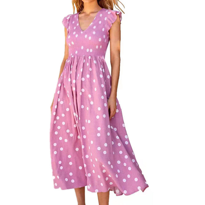 Bestseller V-neck Tight Waist Large Skirt Polka Dot Printed Dress for Women