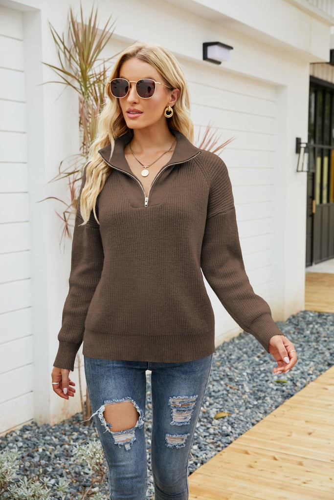 Women's Fashion Striped Color Matching Sweater Long Sleeve Zipper and Lapel Sweater