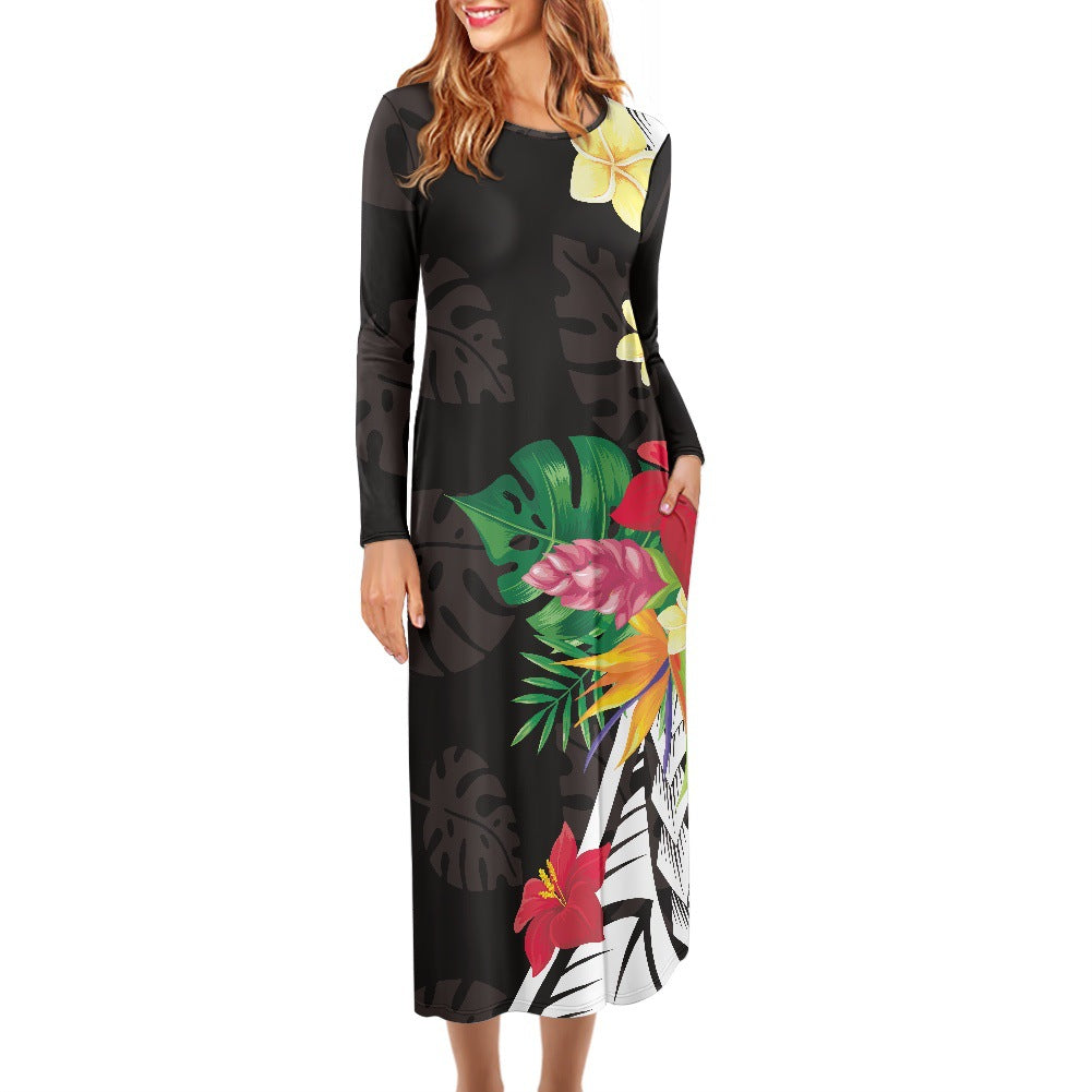 Hawaiian Print Dress Large Size Long Sleeve Round Neck Foreign Trade Women's Long Skirt