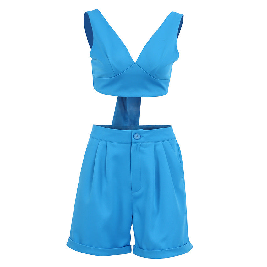 European and American V-neck Casual Fashion Short Vest Shorts Two-Piece Set European and American Suit Women