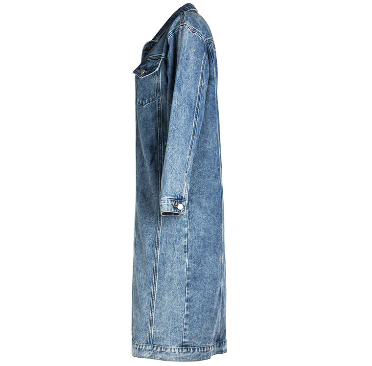 Women's Long Denim Jacket Washed-out Vintage Slim Fit Fashion Denim Jacket