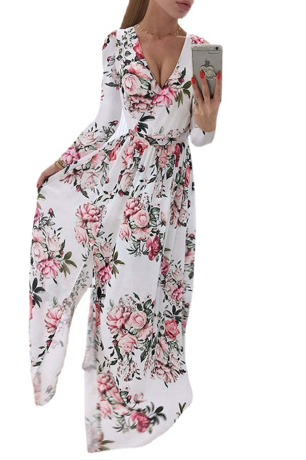 Women's Long-Sleeved V-neck Chiffon Printed Bohemian Dress