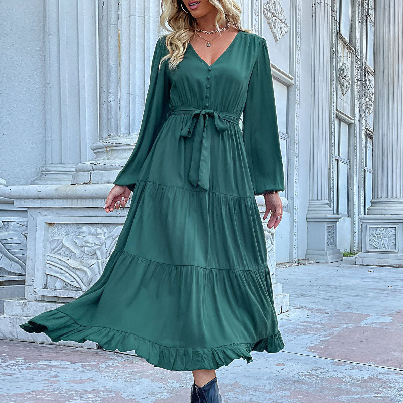 Fashion Women's Wear Autumn and Winter New Long Sleeve Pleated Green Dress