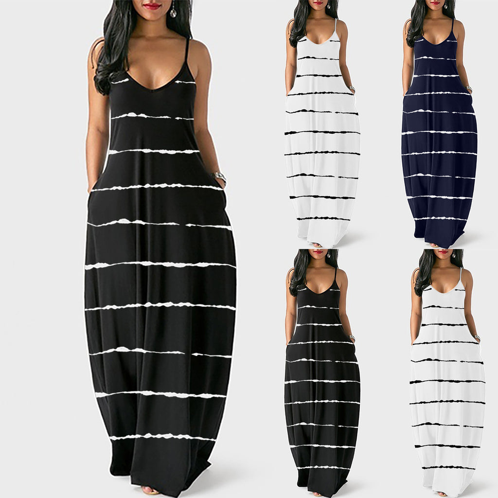Striped Printed Sexy Deep V Strap Long Dress