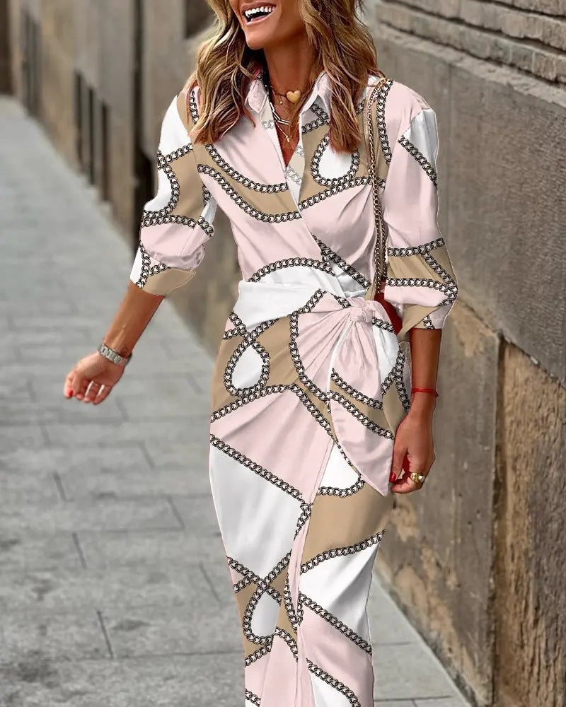 Fashionable Print Shirt Collar Lacing Mid-Length Striped Dress