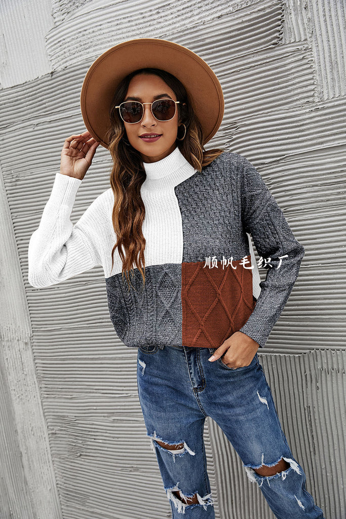 Color Matching Turtleneck Sweater for Women Loose and Simple Knitwear for Women